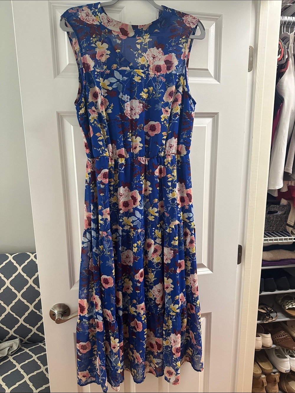 Lulu's Royal Blue Floral Midi Dress with Pink & Cream Blooms